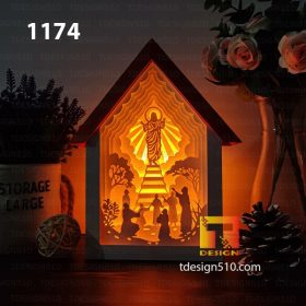 1174. Jesus Christmas House - Paper cutting lamp 3D shadow box, Light box template, papercut lightbox svg file DIY, cricut