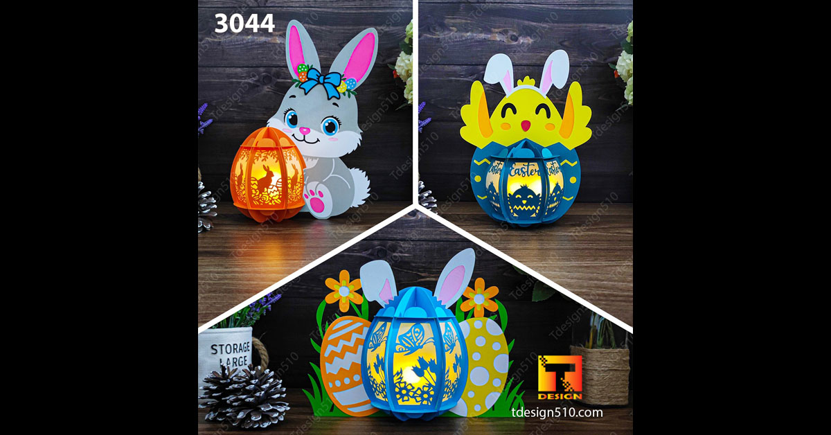 Easter Bunny Eggs Lantern Paper cutting 3D shadow box SVG